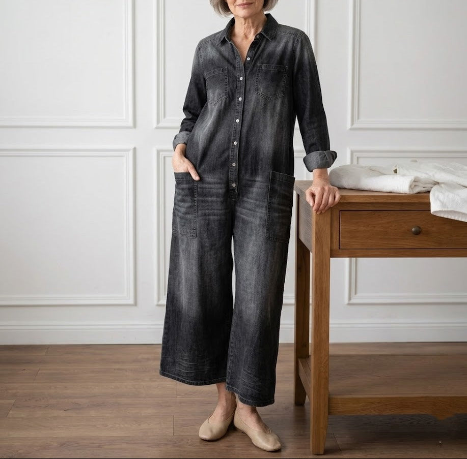 Сейлър - Vintage Washed Soft Cotton Denim Гащеризон с Копчета